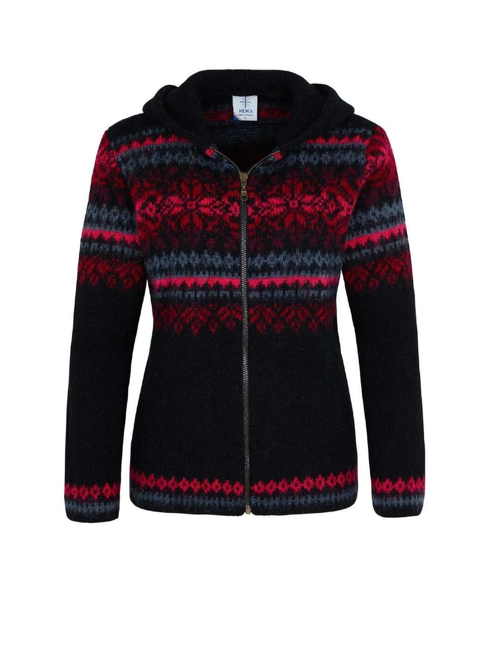 Women's Kidka Drangi Fair Isle Hooded Zip Cardigan Black Red Pink Sweater Small